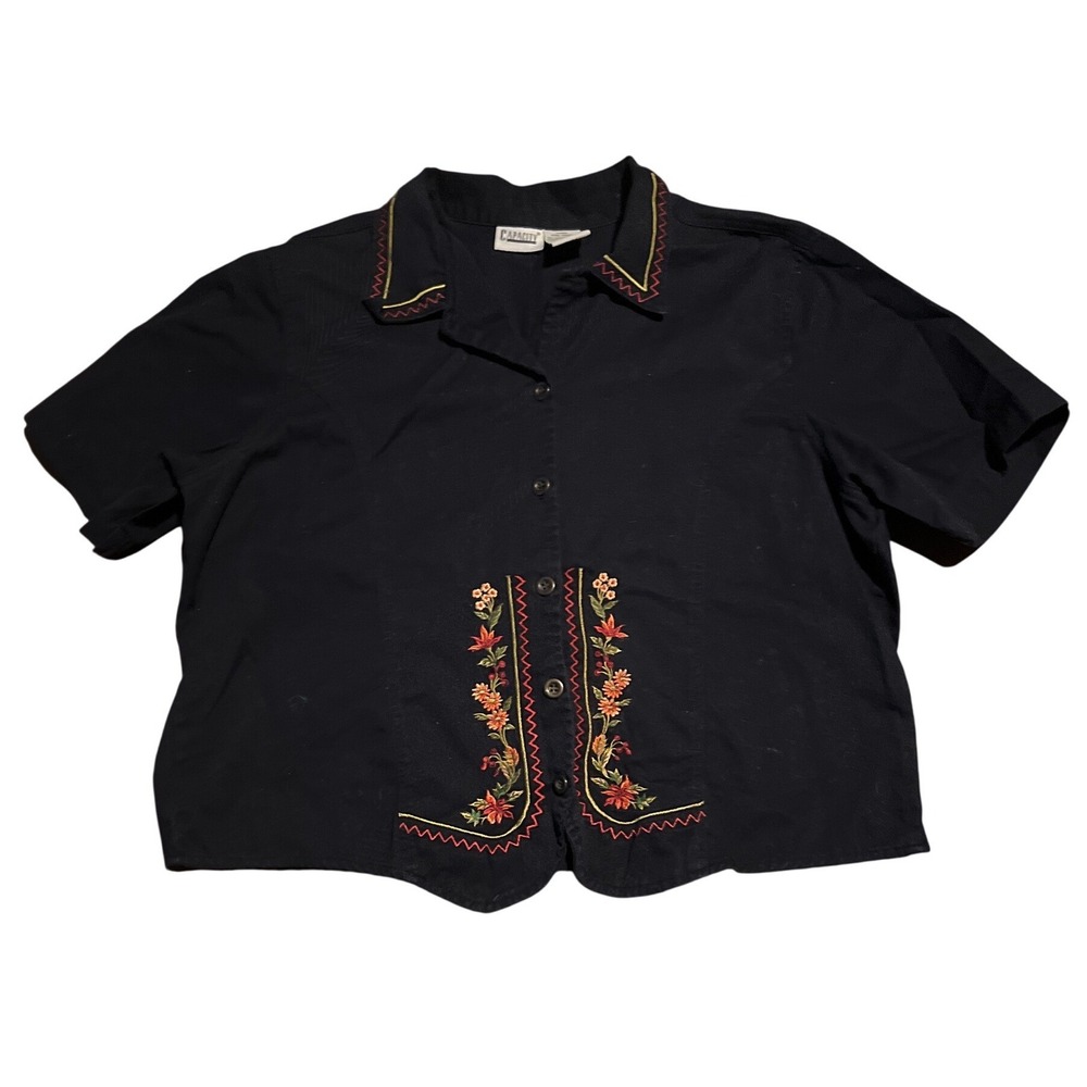 Vintage Capacity XL Black Embroidered Floral Short Sleeve Button Down Shirt